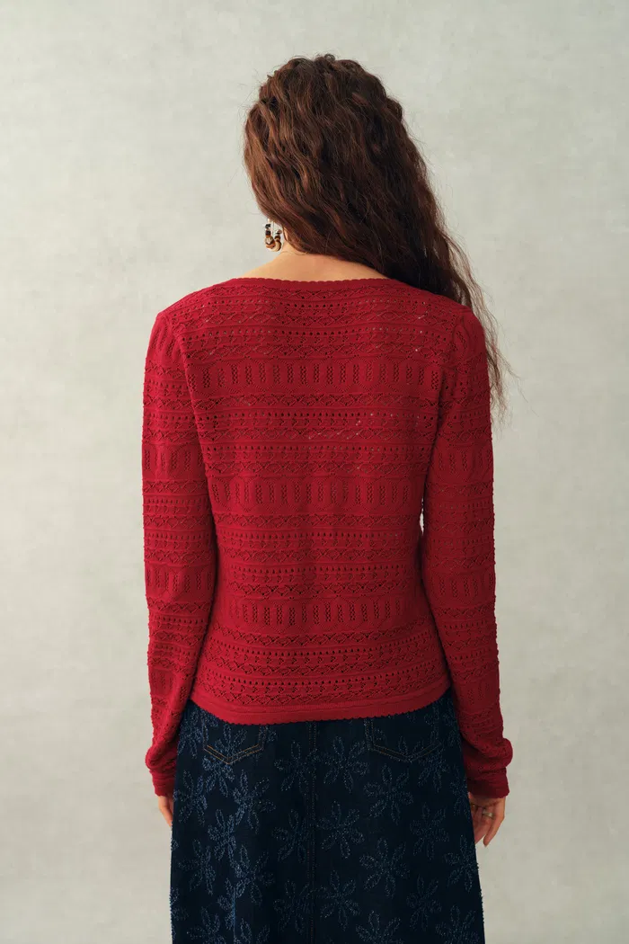 Vila Openwork Textured Lace-Trim V-Neck Knit Cardigan In Fine Cotton Yarn - Image 3