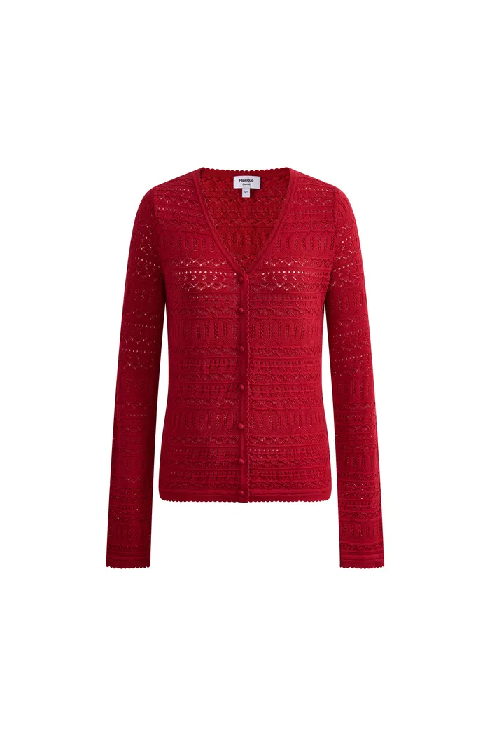 Vila Openwork Textured Lace-Trim V-Neck Knit Cardigan In Fine Cotton Yarn - Image 4