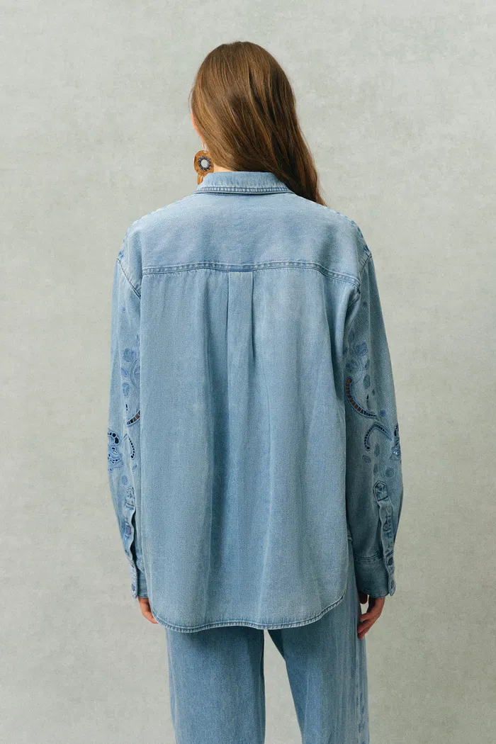 Vinetta Curved Button Placket Floral Embroidered Shirt and Jeans Matching Set in Cotton Linen Denim - Image 3
