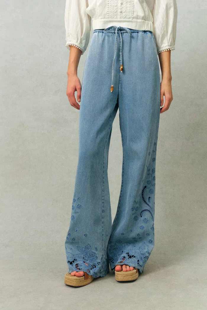 Vinetta Curved Button Placket Floral Embroidered Shirt and Jeans Matching Set in Cotton Linen Denim - Image 4