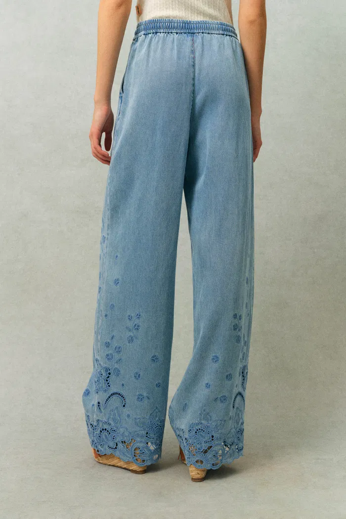 Vinetta Curved Button Placket Floral Embroidered Shirt and Jeans Matching Set in Cotton Linen Denim - Image 5