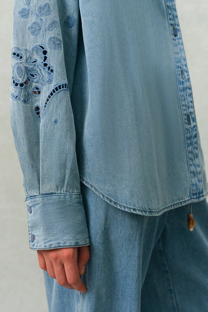 Vinetta Curved Button Placket Floral Embroidered Shirt and Jeans Matching Set in Cotton Linen Denim - Image 6