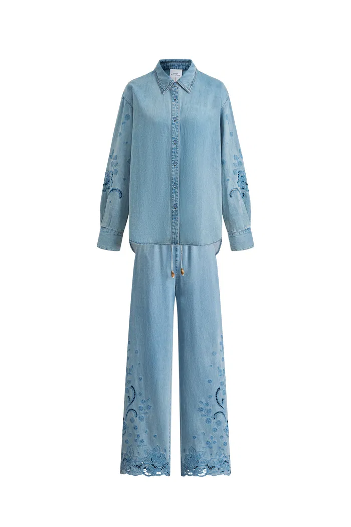 Vinetta Curved Button Placket Floral Embroidered Shirt and Jeans Matching Set in Cotton Linen Denim - Image 7