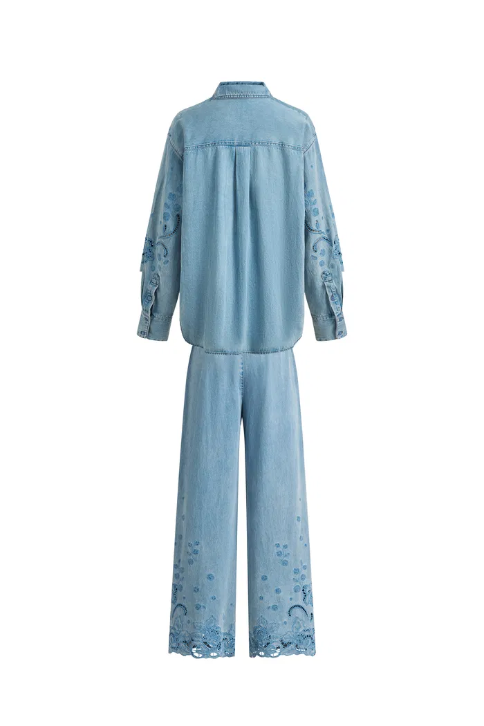 Vinetta Curved Button Placket Floral Embroidered Shirt and Jeans Matching Set in Cotton Linen Denim - Image 8