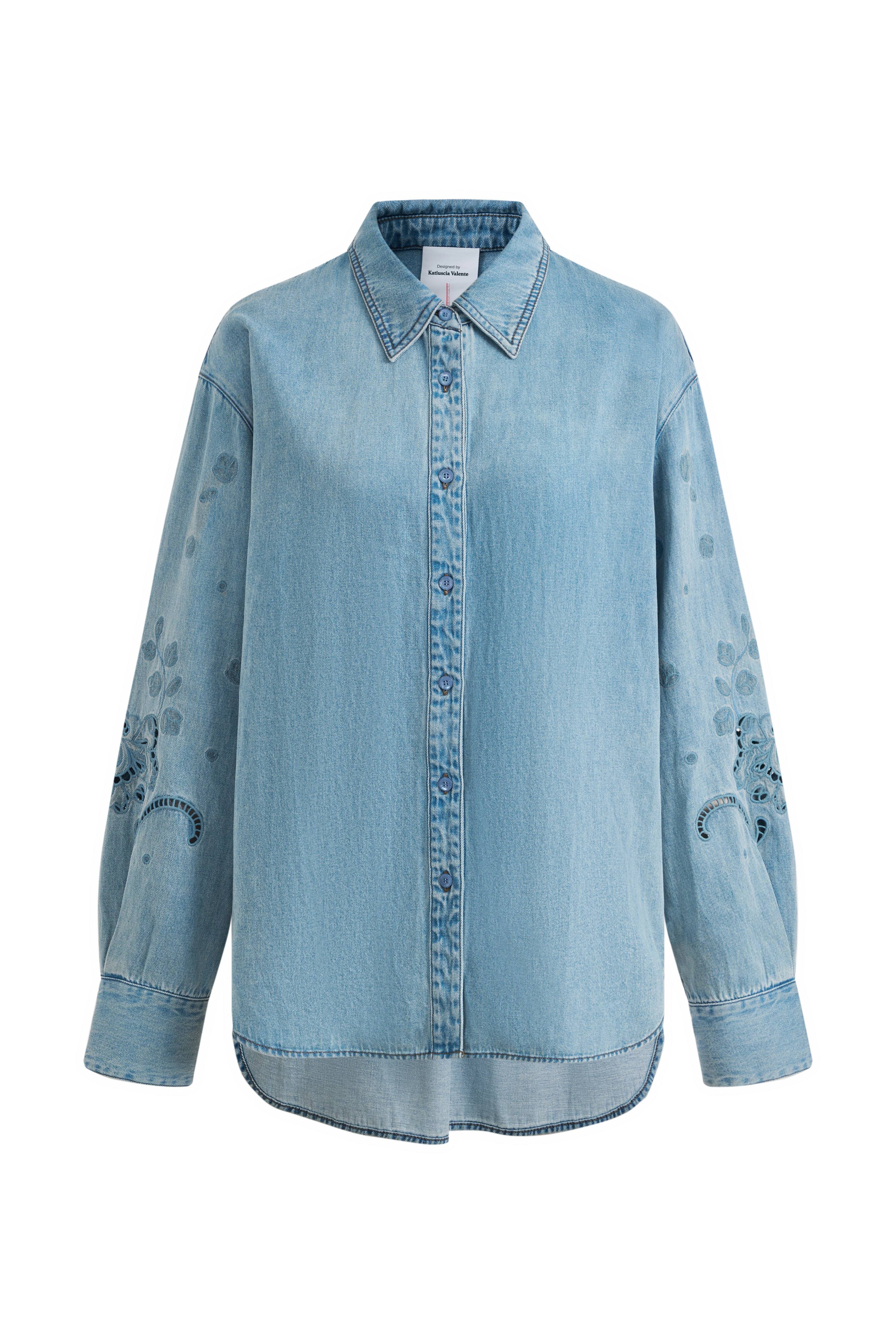 Vinetta Curved Button Placket Floral Embroidered Shirt in Cotton Linen Denim - Image 9