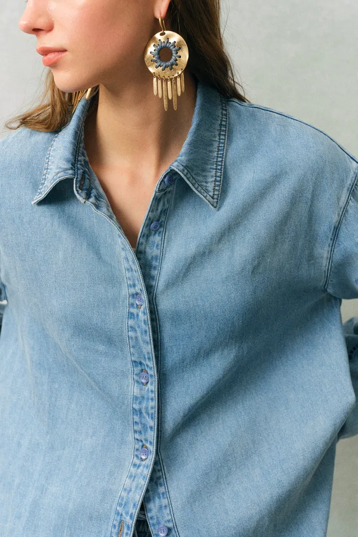 Vinetta Embroidered Shirt in Cotton-Linen Denim - Image 7