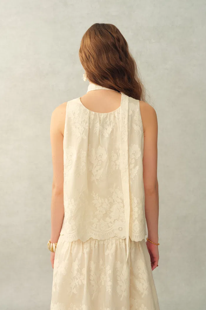 Viola Lace Ribbon Sleeveless Top in Tulle Embroidery - Image 5