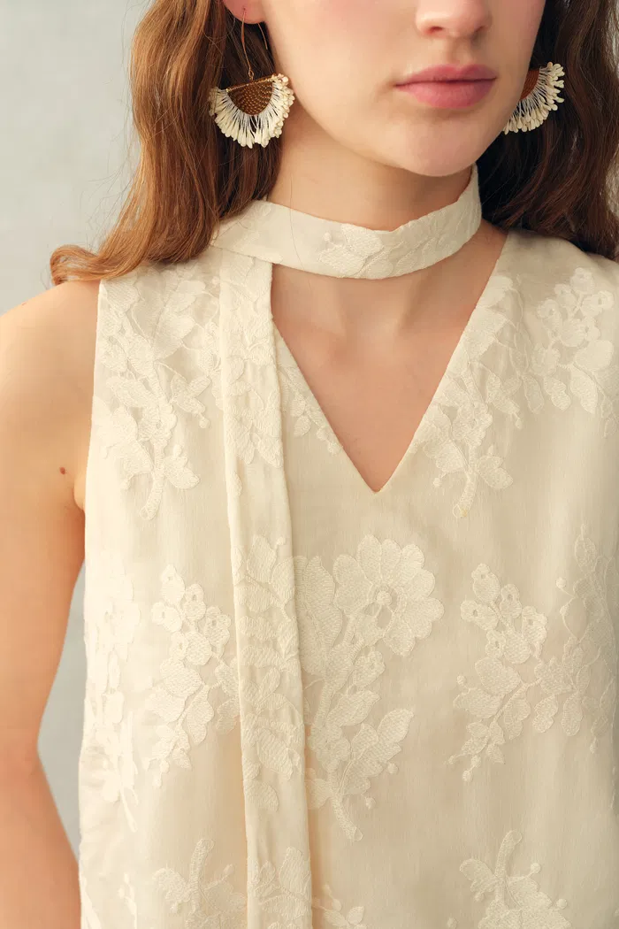 Viola Lace Ribbon Sleeveless Top in Tulle Embroidery - Image 6