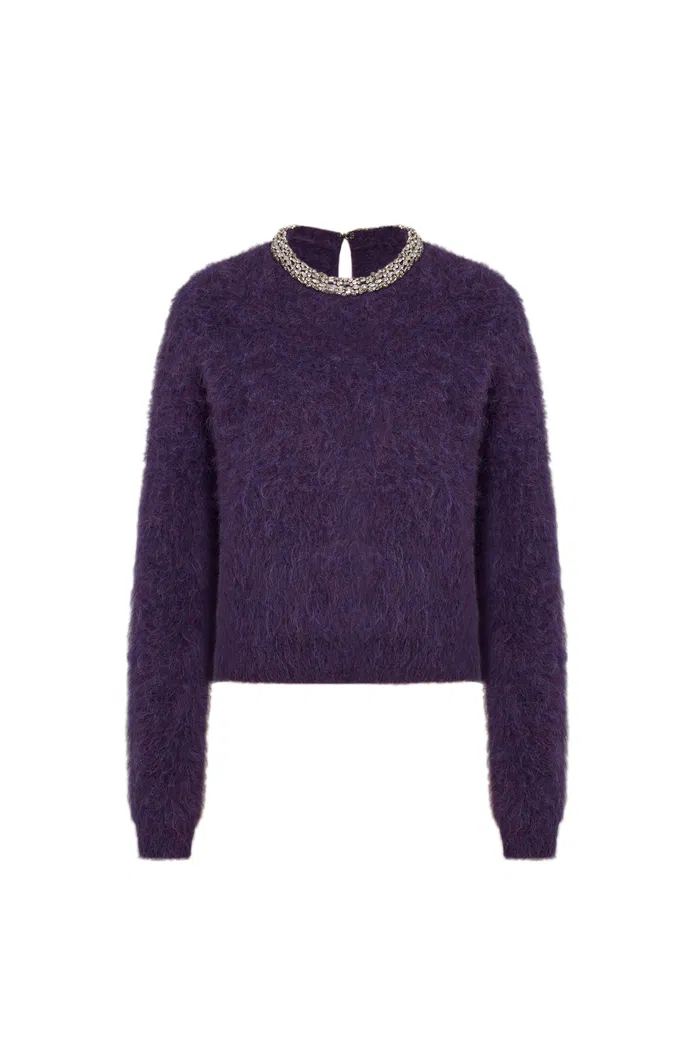 Violet Hand Sewn Crystal Stand Collar Sweater in Alpaca-Mohair Knit - Image 10