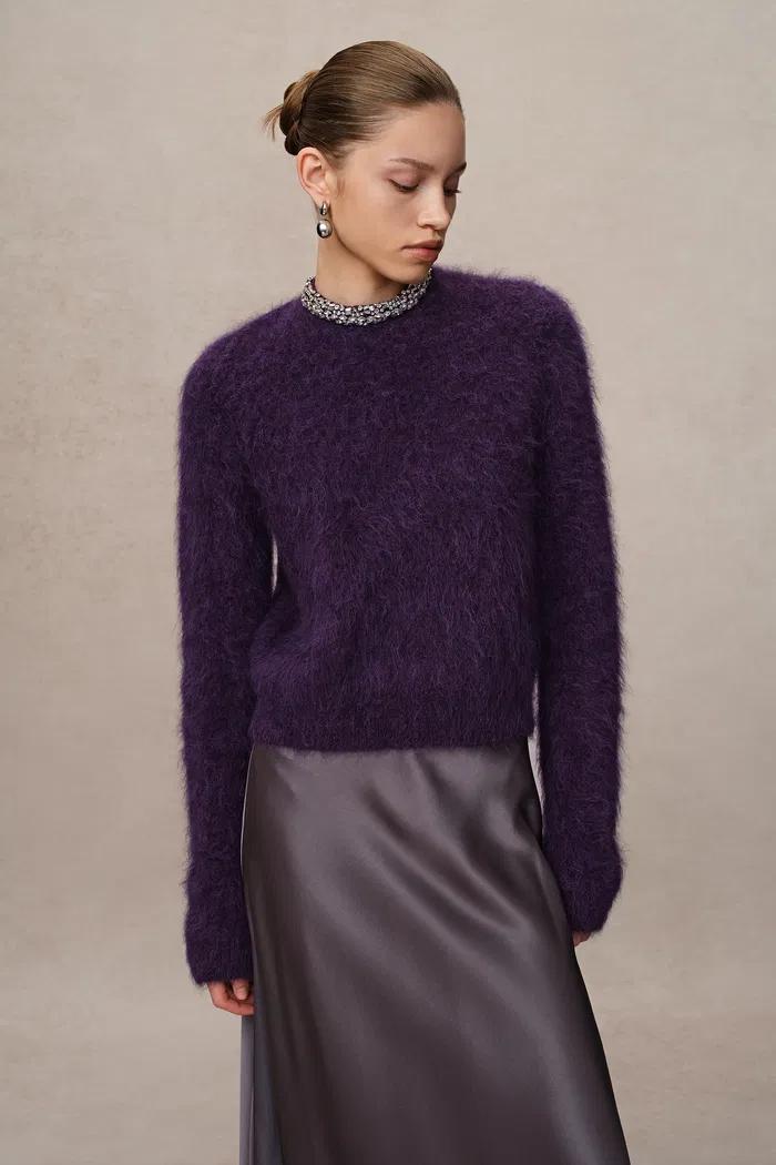 Violet Hand Sewn Crystal Stand Collar Sweater in Alpaca-Mohair Knit - Image 2
