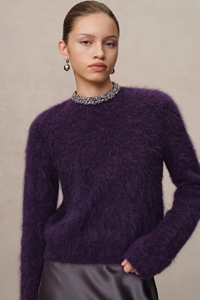Violet Hand Sewn Crystal Stand Collar Sweater in Alpaca-Mohair Knit - Image 4