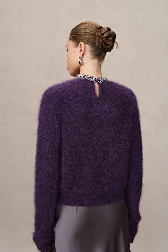 Violet Hand Sewn Crystal Stand Collar Sweater in Alpaca-Mohair Knit - Image 5