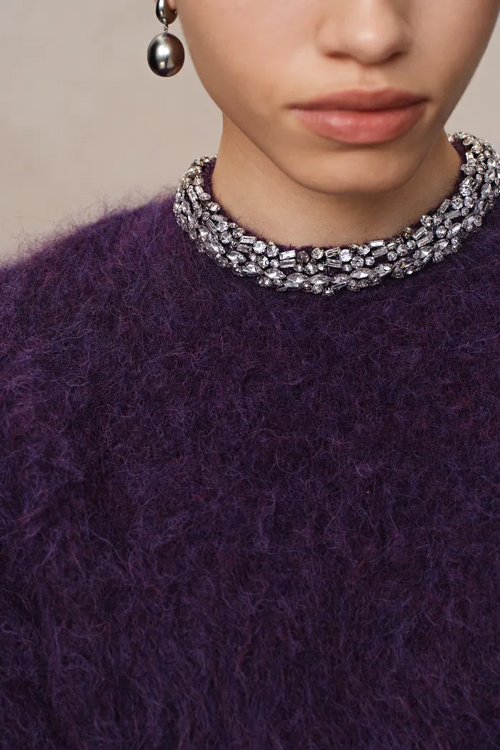 Violet Hand Sewn Crystal Stand Collar Sweater in Alpaca-Mohair Knit - Image 6