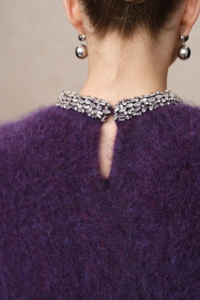 Violet Hand Sewn Crystal Stand Collar Sweater in Alpaca-Mohair Knit - Image 7