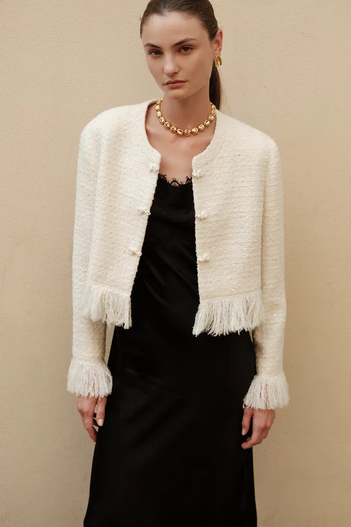 Violette Handcrafted Fringe Tweed Jacket in Wool-Lurex - Image 4