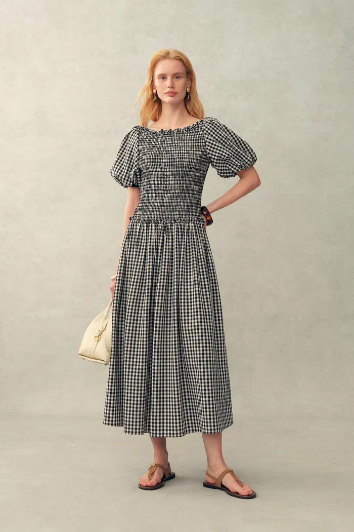 Vivinea Gingham Smocked Puff-Sleeve Dress in Cotton
