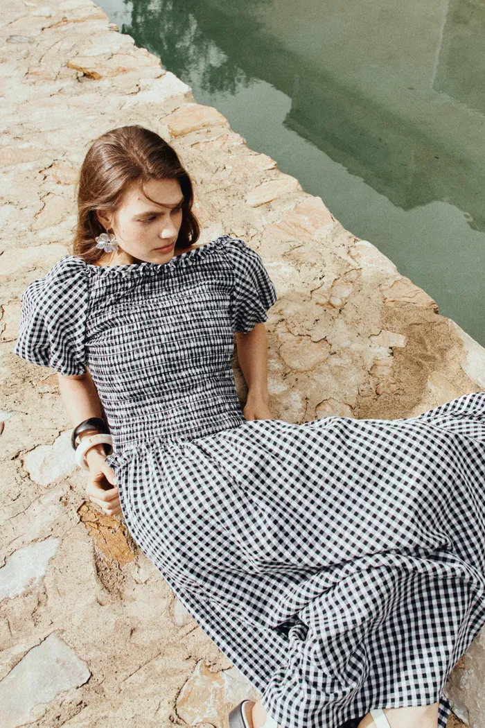Vivinea Gingham Smocked Puff-Sleeve Dress in Cotton