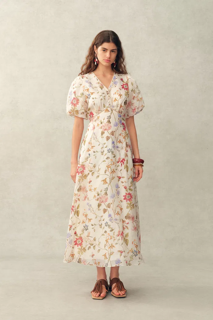 Willa Floral Print V Neck Puff Sleeve Dress in Silk Linen Organza - Image 2