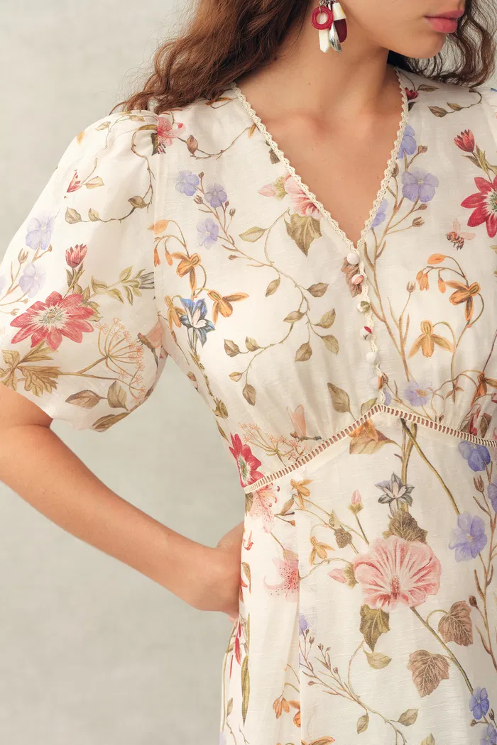 Willa Floral Print V Neck Puff Sleeve Dress in Silk Linen Organza - Image 6