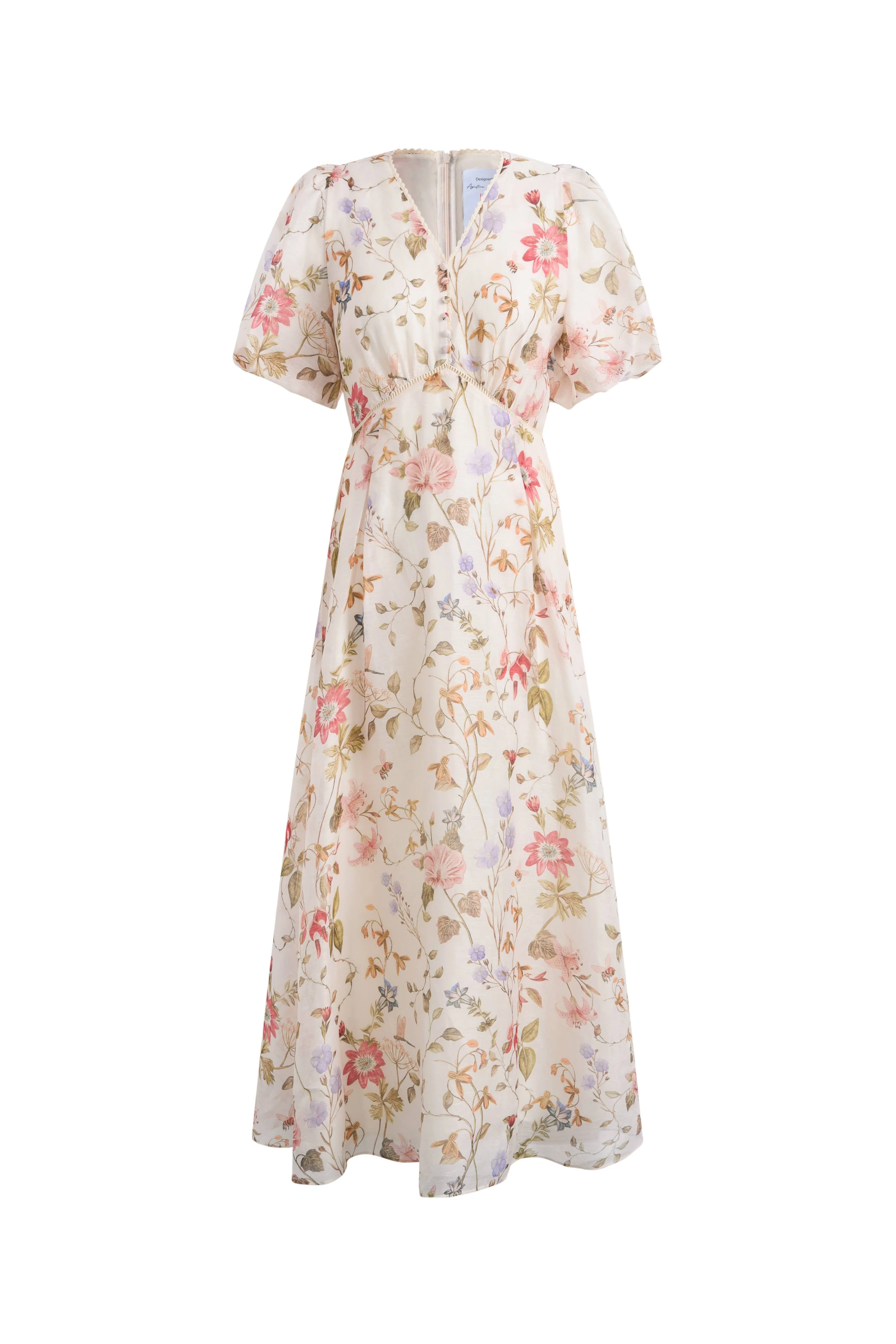 Willa Floral Print V Neck Puff Sleeve Dress in Silk Linen Organza - Image 8