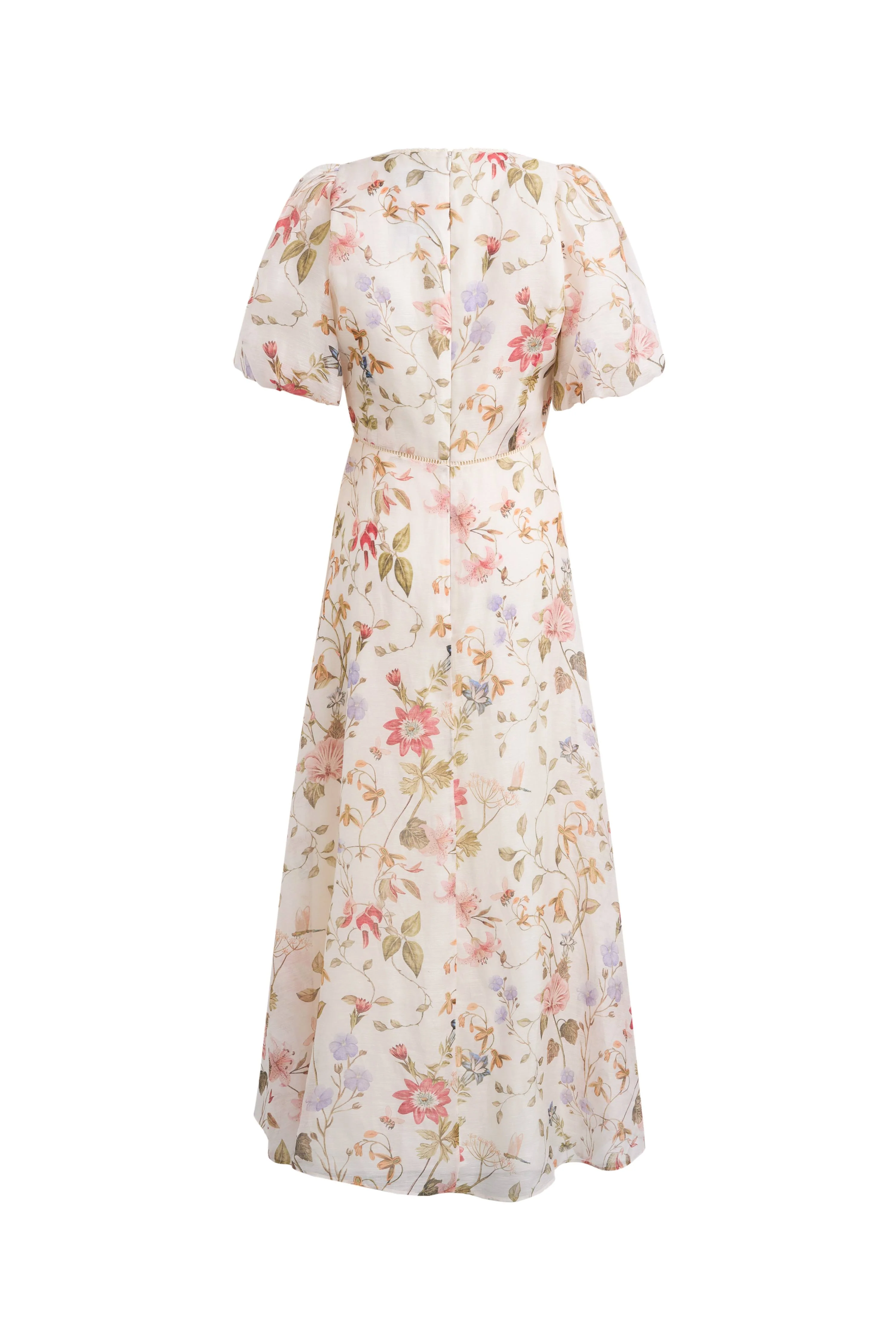 Willa Floral Print V Neck Puff Sleeve Dress in Silk Linen Organza - Image 9