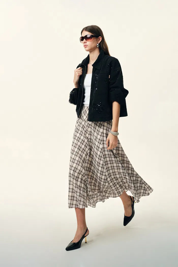 Xaviera Midi Plaid Skirt in Bubble Crinkle Cotton - Image 3