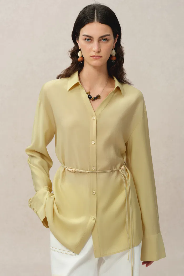 Xena Hand Beaded Belt Cinched Waist Shirt in Acetate Blend - Image 2