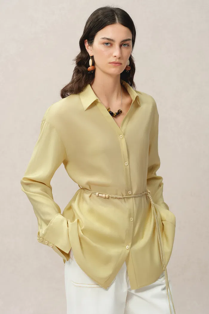 Xena Hand Beaded Belt Cinched Waist Shirt in Acetate Blend - Image 7