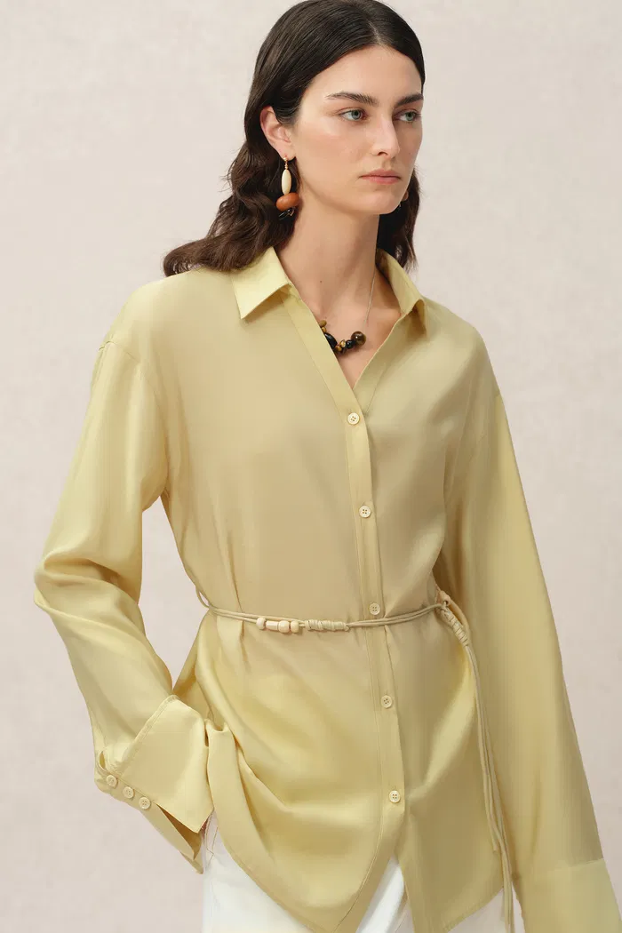 Xena Hand Beaded Belt Cinched Waist Shirt in Acetate Blend - Image 8