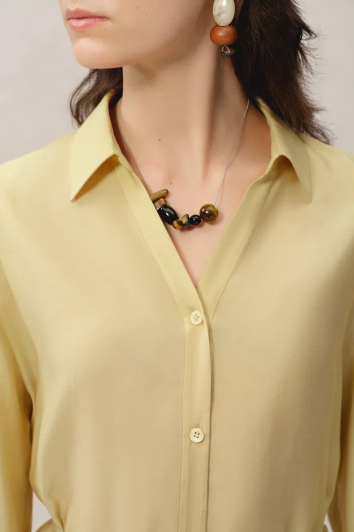 Xena Hand Beaded Belt Cinched Waist Shirt in Acetate Blend - Image 9
