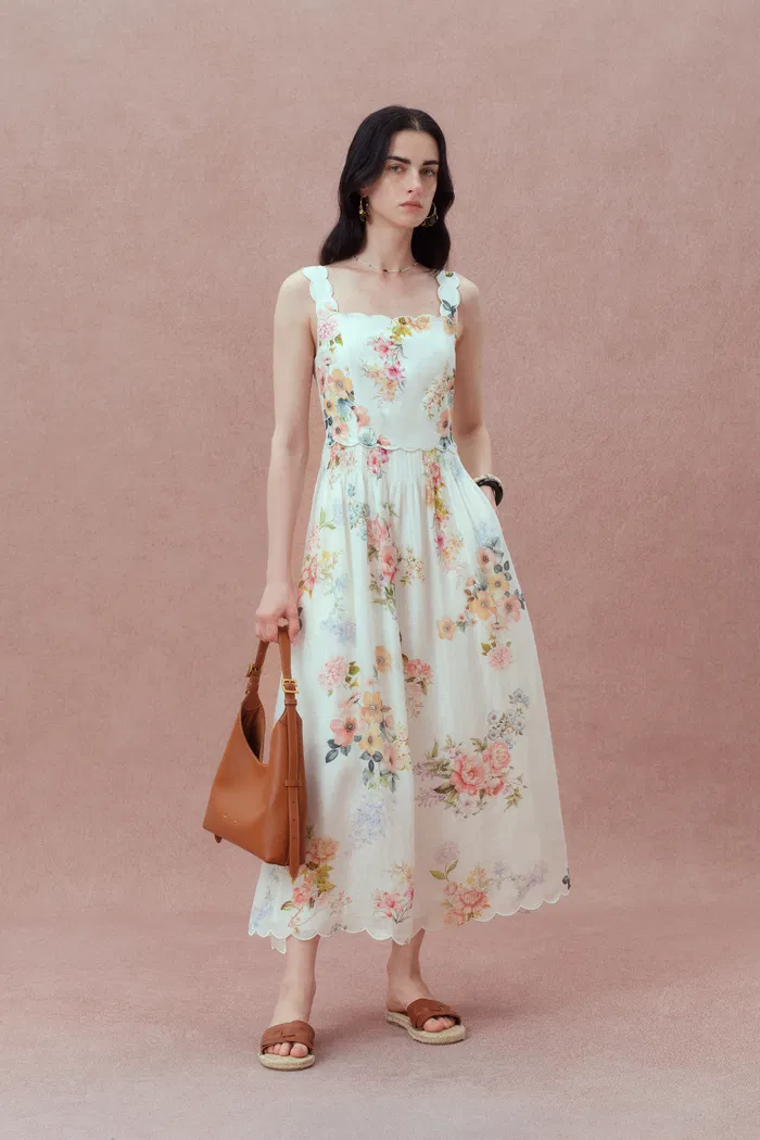 Xena Watercolor Flora Embroidery Strap Dress in Silk-Linen - Image 2