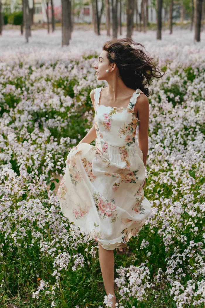 Xena Watercolor Flora Embroidery Strap Dress in Silk-Linen - Image 3