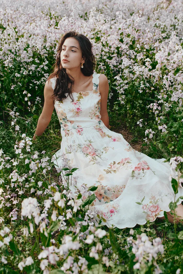 Xena Watercolor Flora Embroidery Strap Dress in Silk-Linen - Image 4