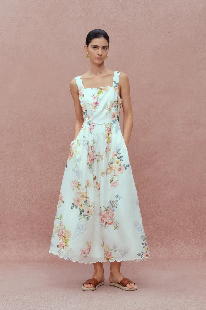Xena Watercolor Flora Embroidery Strap Dress in Silk-Linen - Image 5