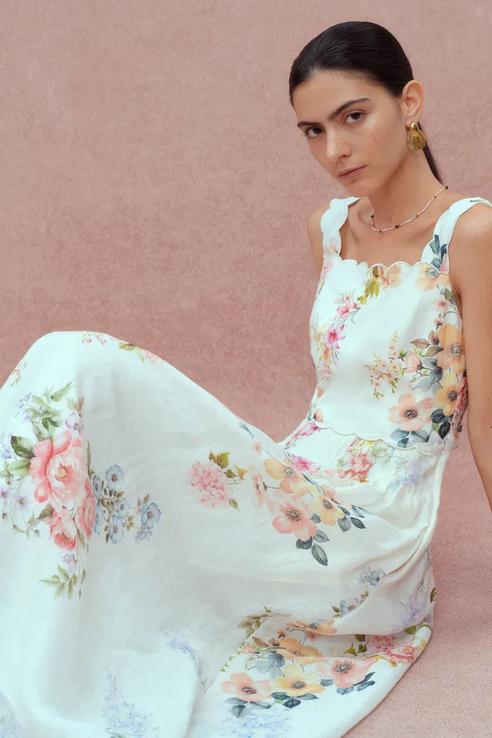 Xena Watercolor Flora Embroidery Strap Dress in Silk-Linen - Image 7