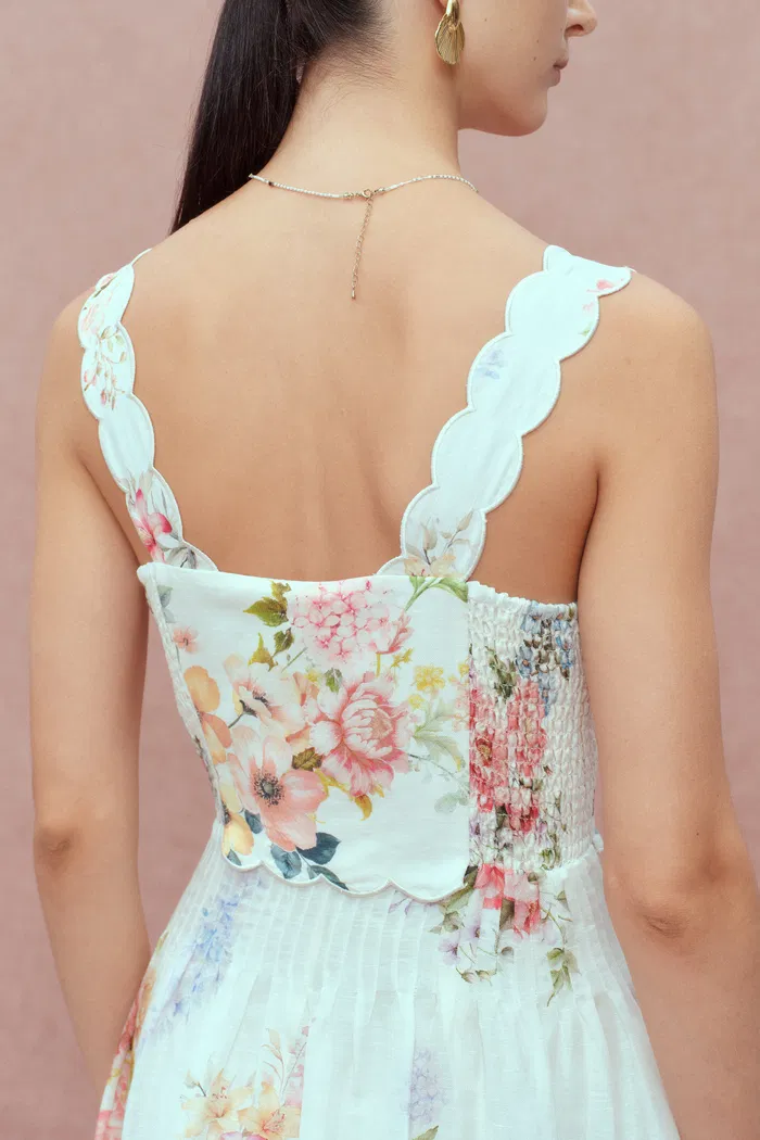 Xena Watercolor Flora Embroidery Strap Dress in Silk-Linen - Image 9