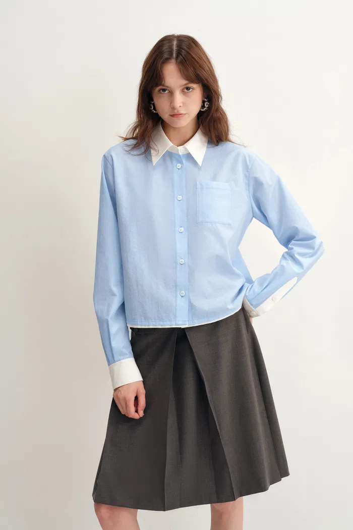 Xena White and Blue Contrast Shirt in Cotton Micro-Crepe - Image 4
