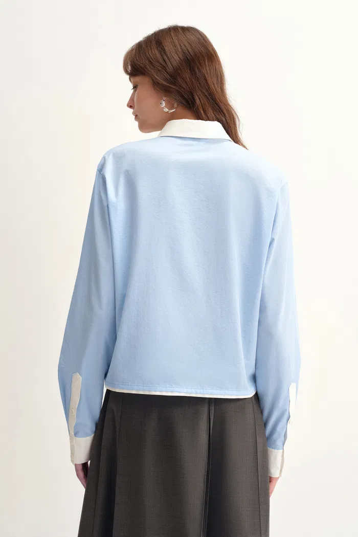 Xena White and Blue Contrast Shirt in Cotton Micro-Crepe - Image 5