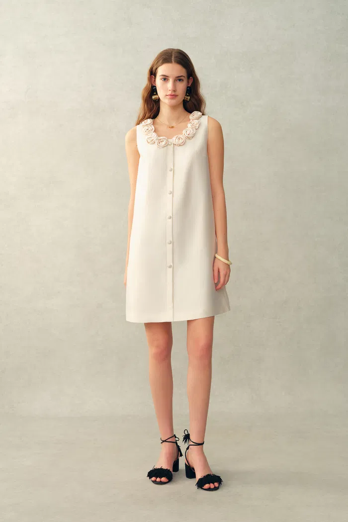 Yazmin 3D Floral Neckline Dress in Silk Wool Satin Knit