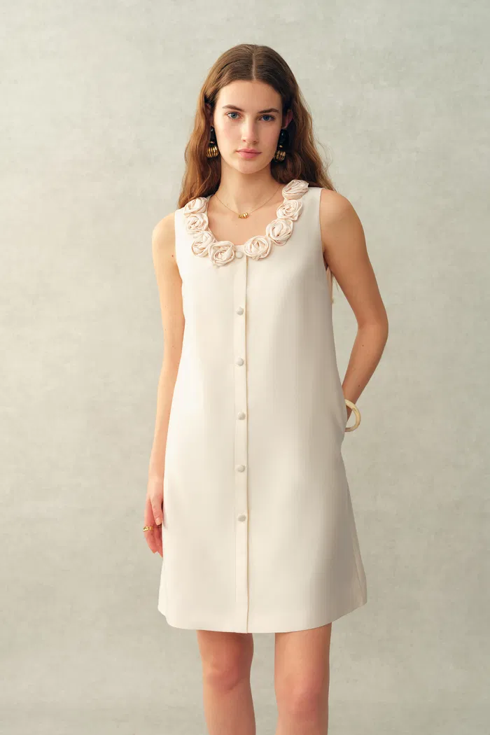 Yazmin 3D Floral Neckline Dress in Silk Wool Satin Knit - Image 3