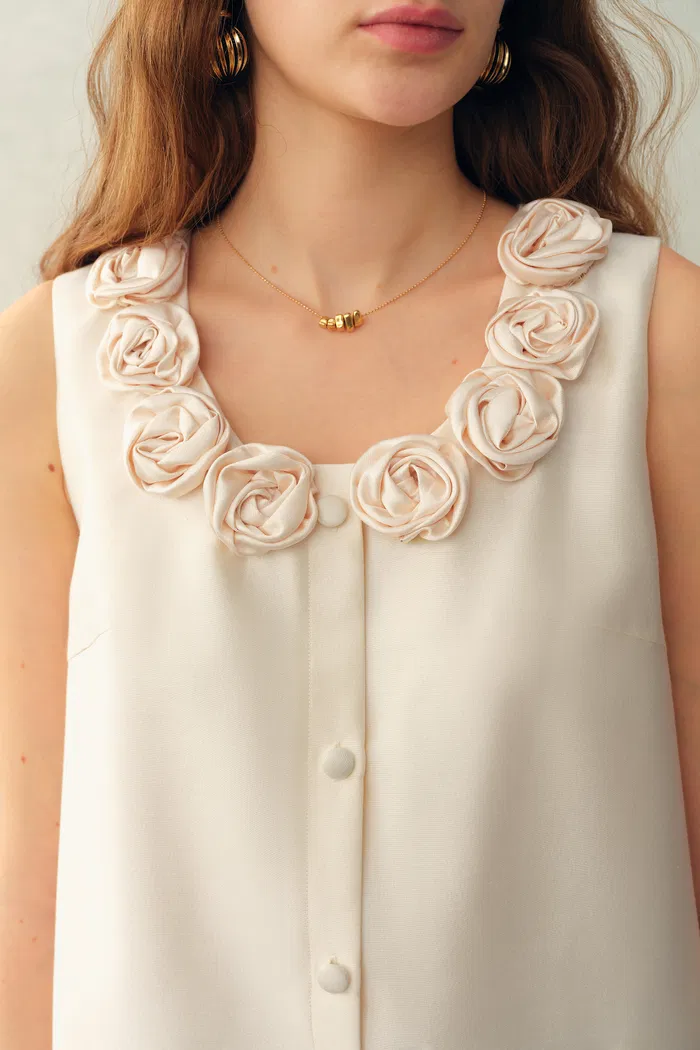 Yazmin 3D Floral Neckline Dress in Silk Wool Satin Knit - Image 4