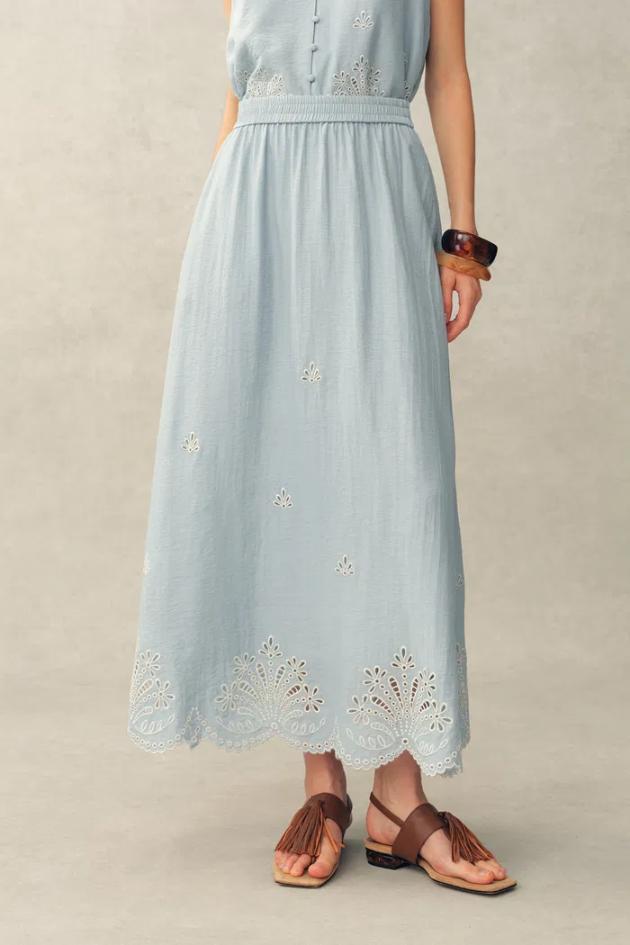 Yori Floral Cutwork Embroidery A Line Maxi Skirt in Linen Blend
