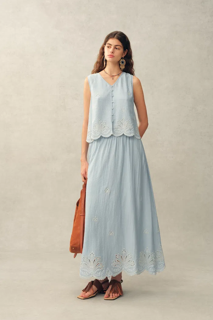 Yori Floral Cutwork Embroidery A Line Maxi Skirt in Linen Blend - Image 2