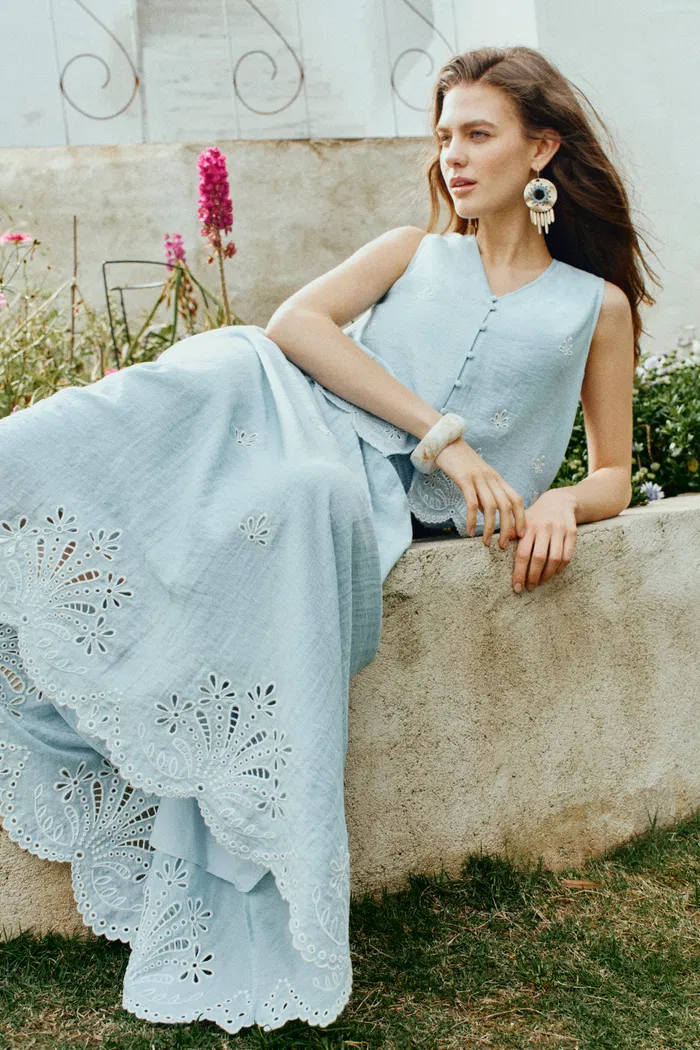 Yori Floral Cutwork Embroidery A Line Maxi Skirt in Linen Blend - Image 3