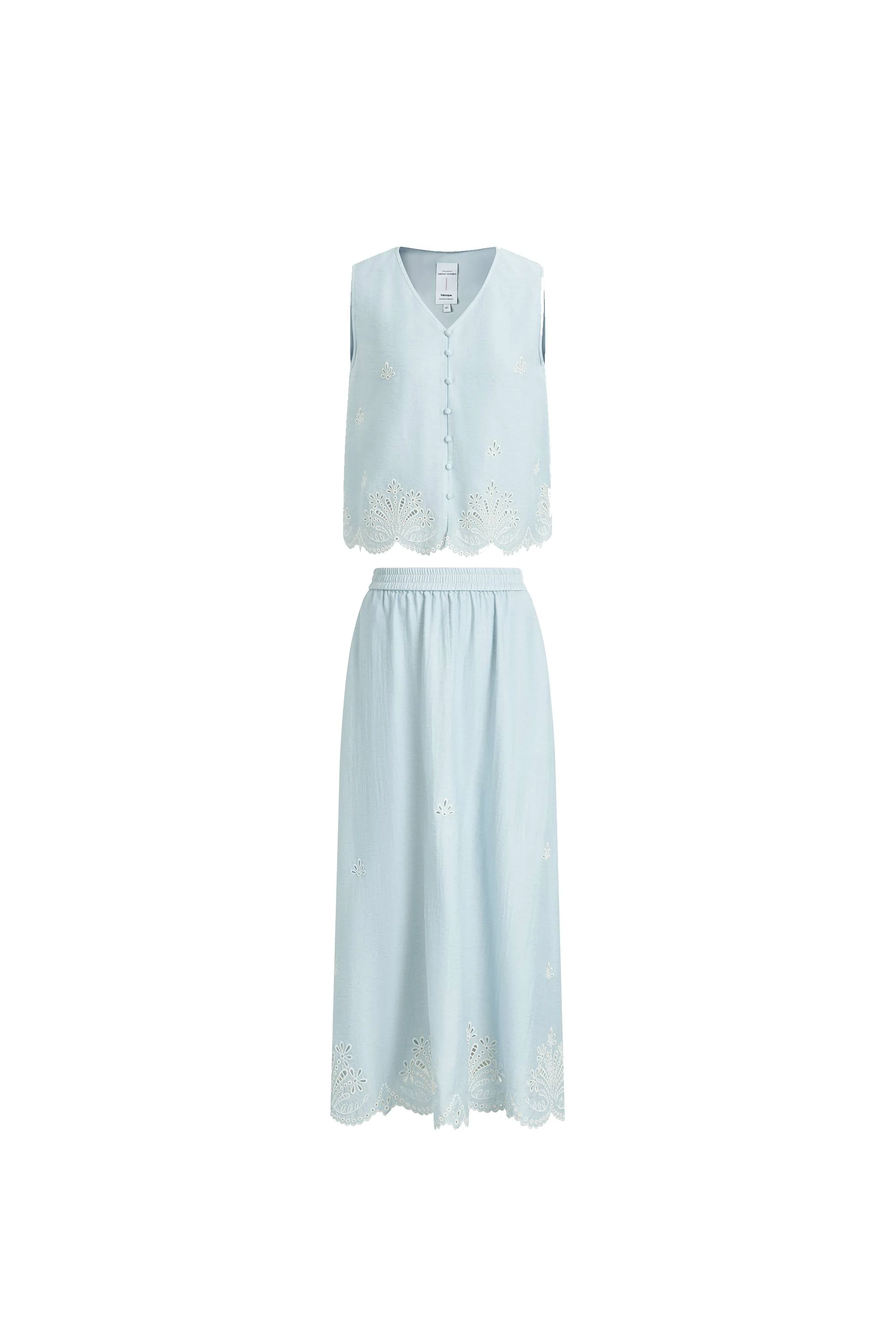 Yori Floral Embroidery V Neck Sleeveless Top and Skirt Set in Linen Blend - Image 7