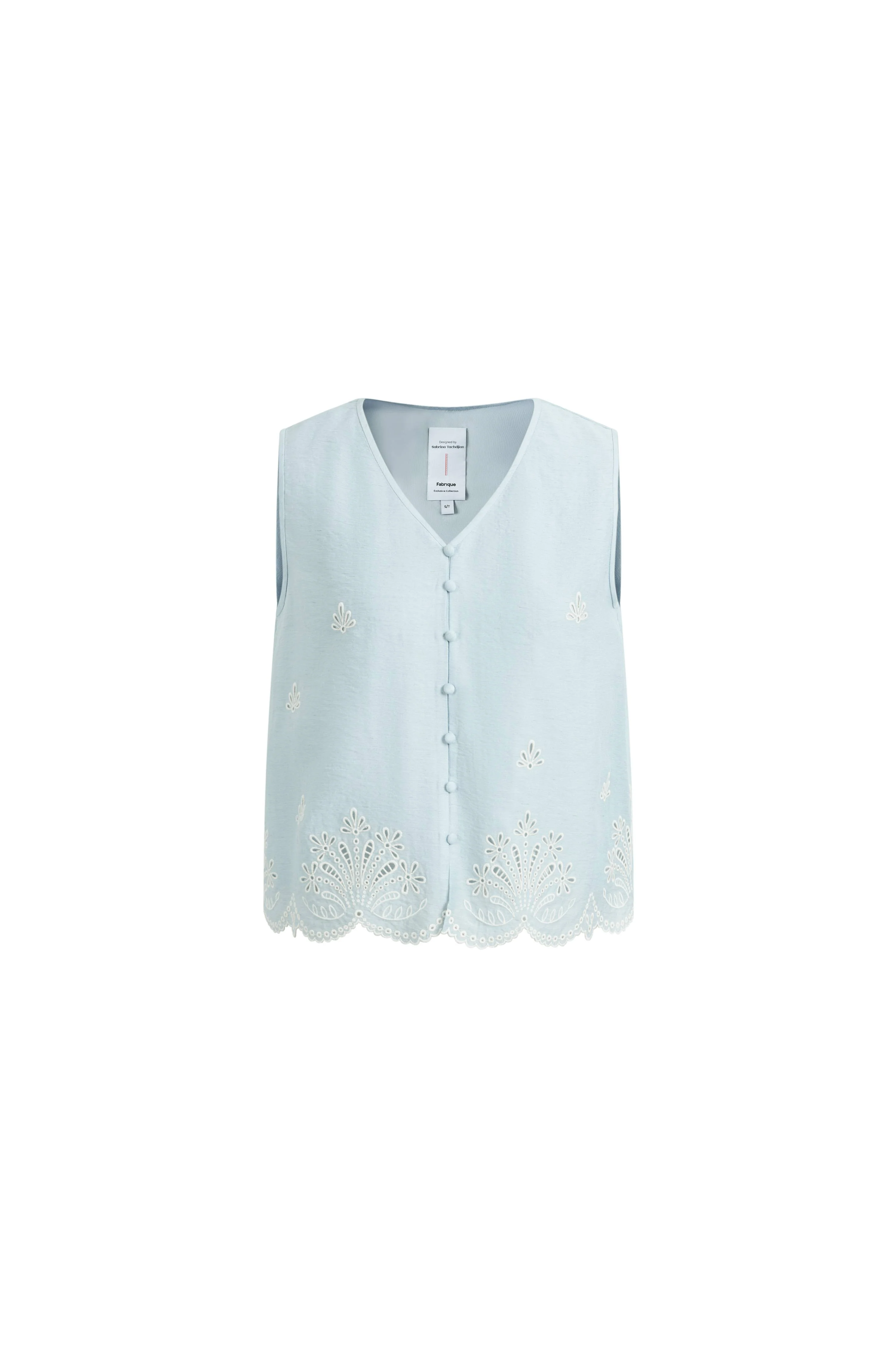 Yori Floral Embroidery V Neck Sleeveless Top in Linen Blend - Image 8