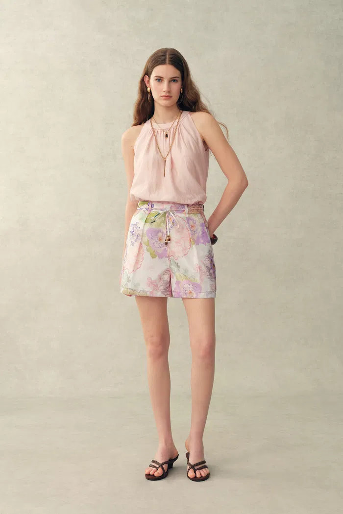 Yori Handpainted Floral Print Sheer Beaded  Belt Shorts in Silk Linen Blend - Image 2