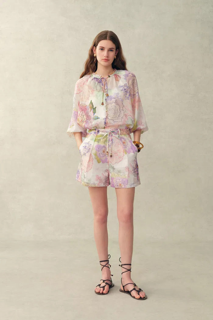 Yori Handpainted Floral Print Sheer Beaded  Belt Shorts in Silk Linen Blend - Image 3