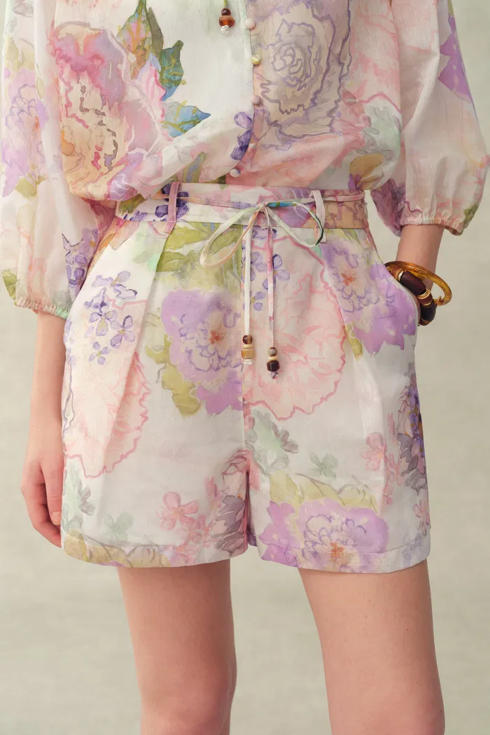 Yori Handpainted Floral Print Sheer Beaded  Belt Shorts in Silk Linen Blend - Image 4