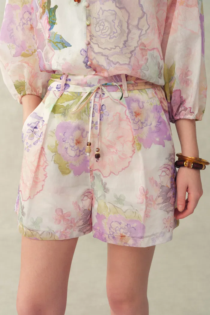 Yori Handpainted Floral Print Sheer Beaded  Belt Shorts in Silk Linen Blend - Image 5